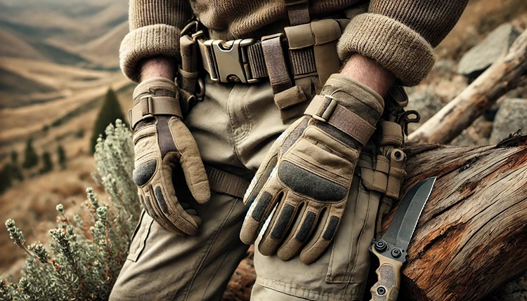 Close-up of fire-resistant pants and gloves for bushcraft activities