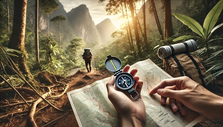 Hiker navigating with compass and map on a trail, essential for long-distance hiking safety.