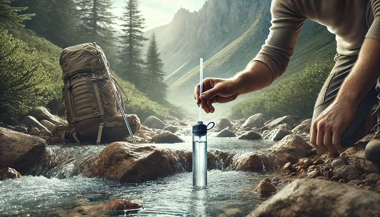 Hiker using a portable water filter straw for hydration on a long-distance hike.