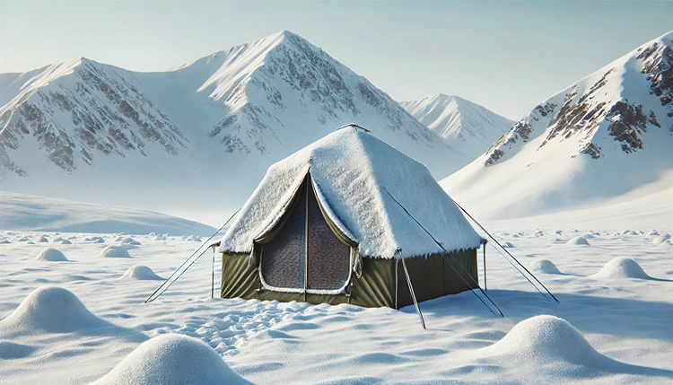 Insulated winter camping tent in a snowy mountain setting.