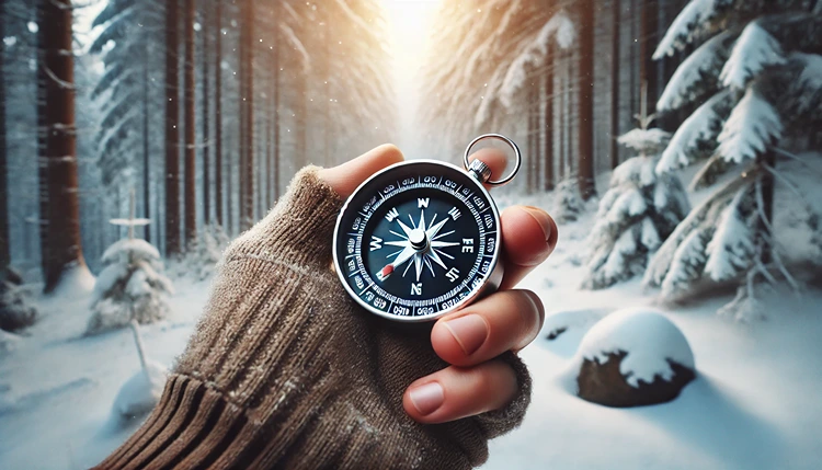 Camper holding a compass in a snowy forest during winter camping.