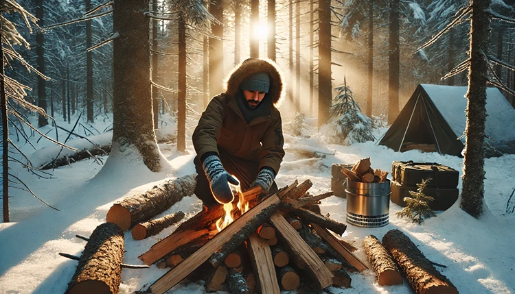 Winter camper gathering firewood in snowy forest.