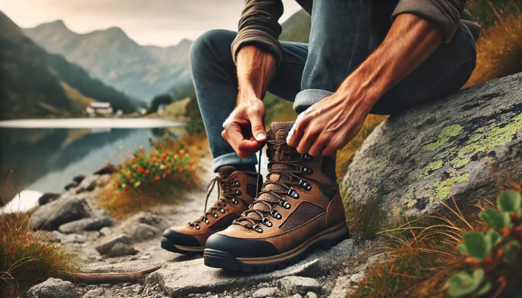 Adjusting hiking boot laces on rocky trail.