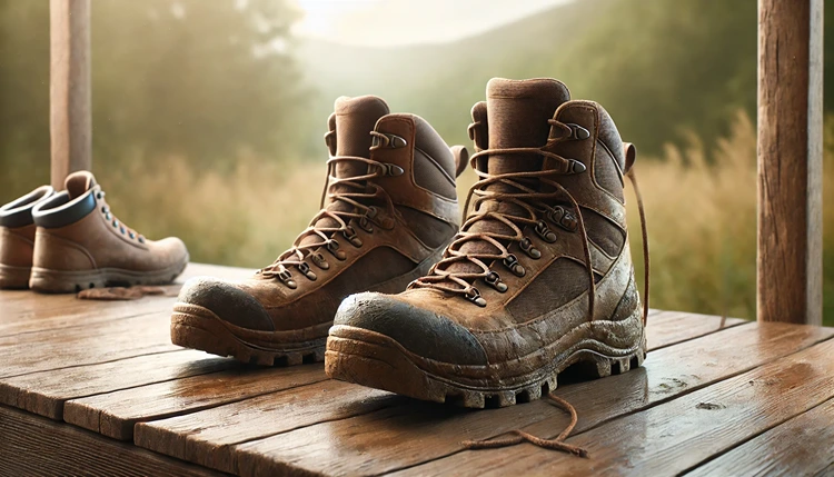 Hiking boots drying after a muddy trail hike.